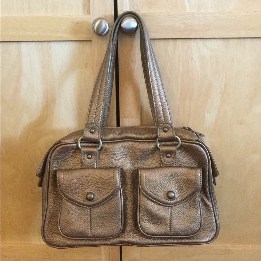 Casual Corner Gold Metallic Leather Women’s Satchel Tote Purse Bag - Picture 6 of 7
